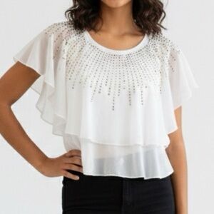 Amy Byer sheer white shirt with gold sequins size CM 10/12 runs slightly small